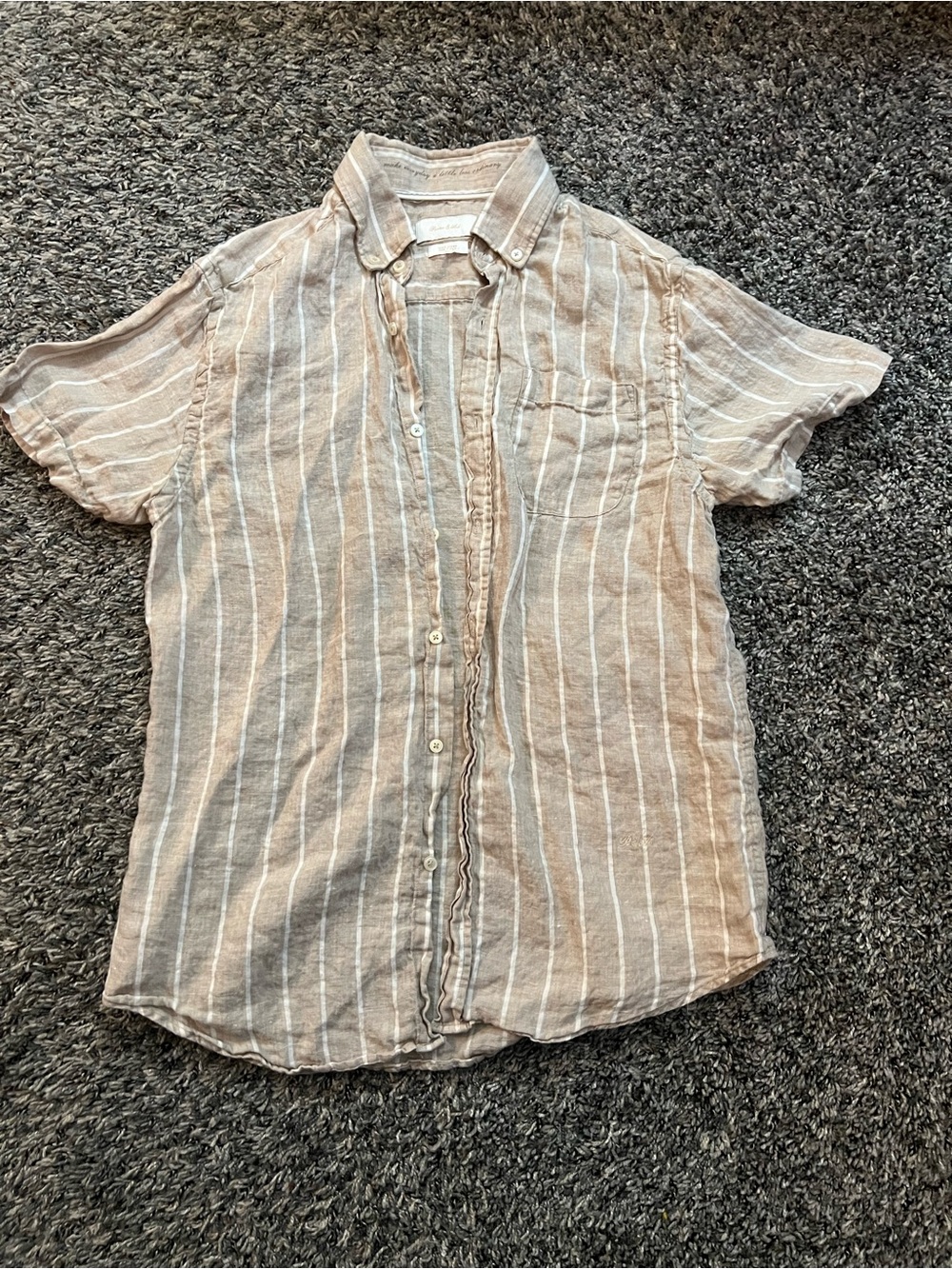 Lightweight Striped Button-Up Shirt in Beige & White 100% Linen